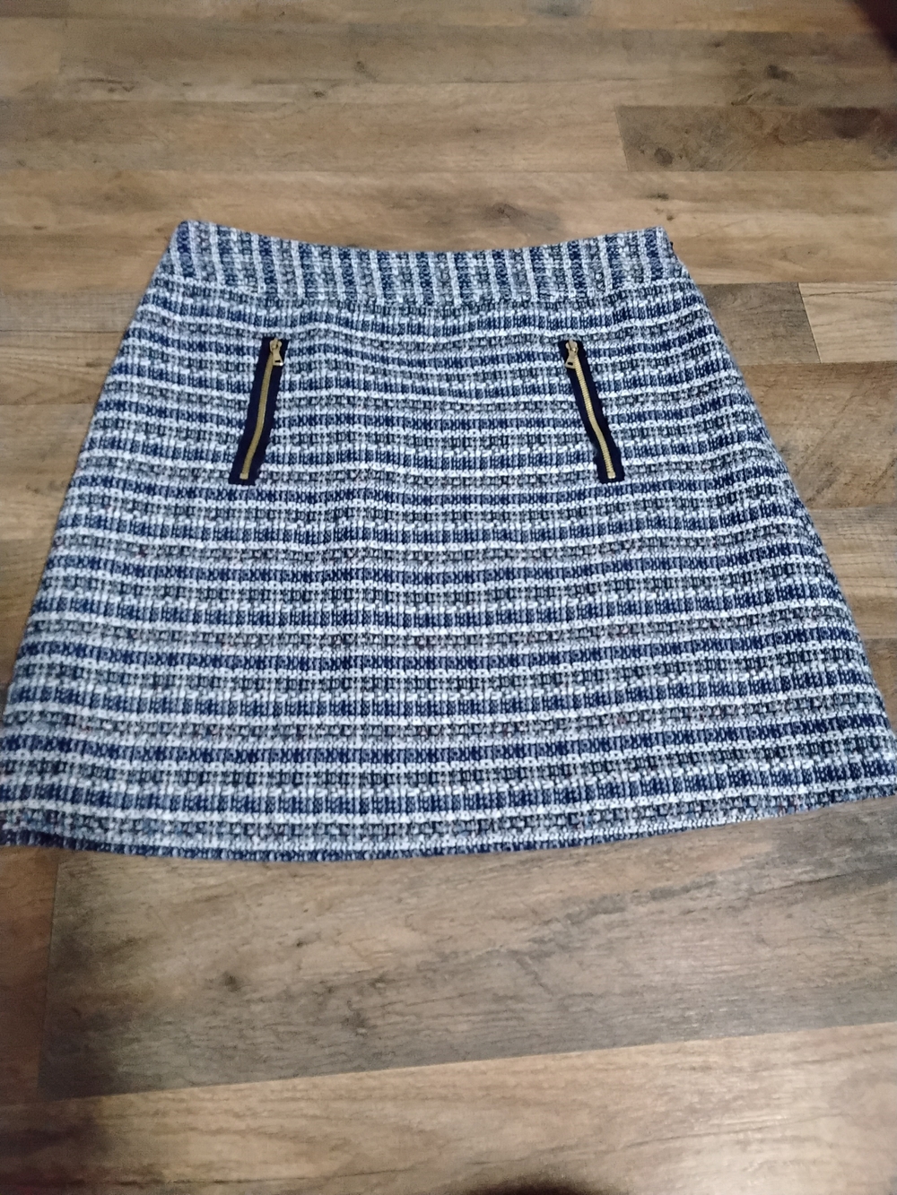 Navy and White Tweed Mini Skirt with Zip Pocket Detail